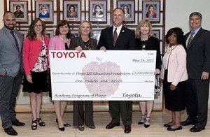 Pictured before the board meeting are Javier Moreno from Toyota, along with Trustees Carrolyn Moebius, Tammy Richards, and Nancy Humphrey, and Michael Rouse. Also in attendance are Trustees Missy Bender, Marilyn Hinton, and David Stolle.
