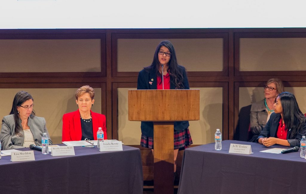 A gifted and passionate speaker, Sammie acted as moderator alongside former Senator Florence Shapiro at the NFNL Nest Curriculum Forum at SMU in February. She and her classmates from the Irma Rangel Young Women’s Leadership School were among the first in the nation to learn the curriculum inspired by the documentary, Playground: The Child Sex Trade in America.